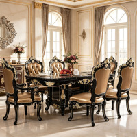 Luxuriöses Europäisches Geschnitztes Massivholz-Esszimmer-Set Schwarzer Marmor-Esstisch mit Stühlen für Villa, Zuhause, Hotel Großhandel