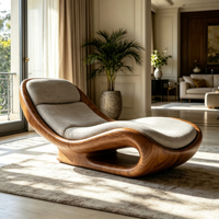 Chaise longue individuelle de forme organique moderne avec structure en fibre de verre durable à effet bois et revêtement en tissu gris clair moelleux