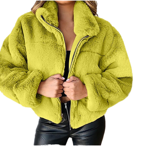 Manteau en laine pour femmes, automne-hiver, haut tendance, grande taille, fermeture éclair, bouton, polaire, uni, teinture unie, respirant, pelucheux, chaud - Product Image 1