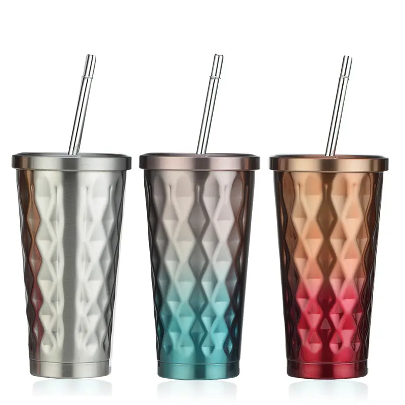 New Design High Quality 500ml 17oz Gradient Color Stainless Steel Vacuum insulated cups with straw