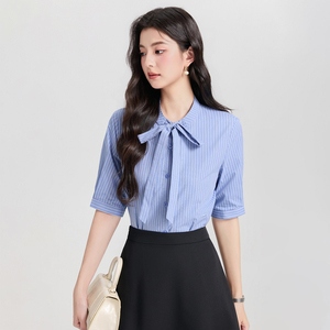 Trang phục chuyên nghiệp Áo sơ mi ngắn tay sọc xanh dành cho nữ Váy phỏng vấn Váy chữ A Bộ đồ liền quần mùa hè - Product Image 2