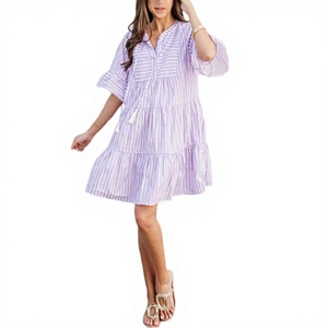 Robe courte rayée ample à manches volantées, col à revers, taille élastique, décontractée, été, en coton tissé et fibre de bambou respirante - Product Image 3