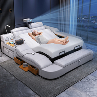 Luxuriöses Smart-Bett aus Leder, Multifunktionales Bett, Tatami-Kingsize-Plattformbett, Gepolstertes Stoffbett mit Stauraum und Musikboxen