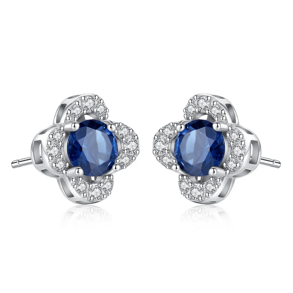 Fine Fashion 925 Silver Jewelry White Gold Blue Zircon Four Leaf Clover Flower Stud Earrings For Women