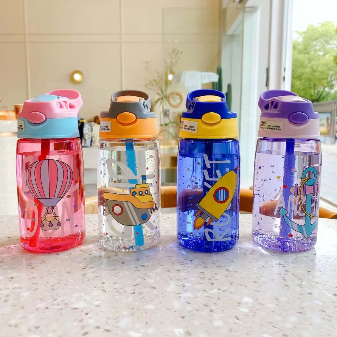 Botella de agua de plástico con pajita para niños, bonita botella de agua con impresión, 2022