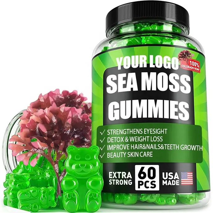 Etiqueta privada 60PCs Orgánica Irish Sea Moss Vegan Gummies Bladderwrack Barddock Root Fruta natural Pectina Seamoss Gummies