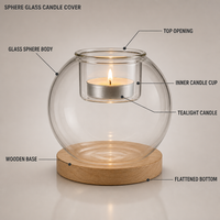 Cloche à bougie sphérique en verre personnalisée, support de bougie chauffe-plat avec base en bois, coupe-vent, présentoir de table décoratif
