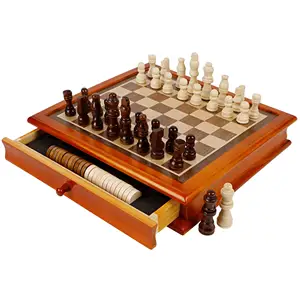 Conjunto de xadrez e verificadores de madeira, com gaveta para armazenamento e jogos de tabuleiro 2 em 1 com 12 polegadas clássico, para crianças e adultos