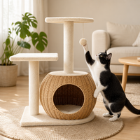 Arbre à chat de luxe classique et moderne, écologique, durable, en rotin, bois et sisal, 2 niveaux, avec griffoir et condo en carton