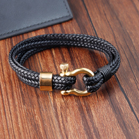 Fermoir Fer à Cheval en Acier Inoxydable Bracelet en Cuir Véritable Tissé à Double Couche Bracelet en Cuir Noir Tressé pour Homme