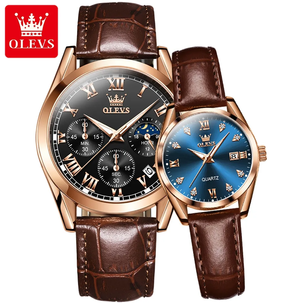 OLEVS Luxury Couple watch Rose Gold Quartz Wrist Watches brown Leather Fashion Quartz Clock