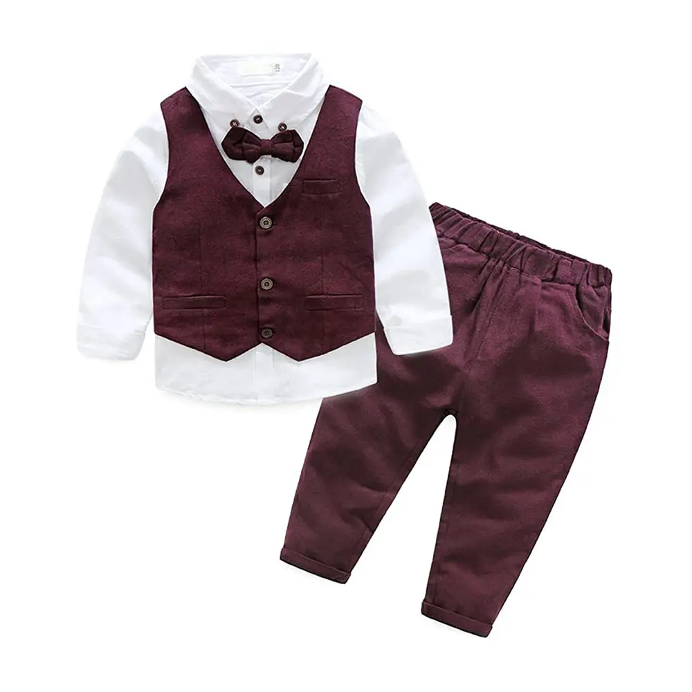 Boys 3Pcs Clothing Sets Cotton Long Sleeve Bowtie Shirts +Vest +Pants Casual Suit