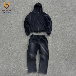 Conjunto de Sudadera con Capucha y Pantalones de Chándal de Punto Waffle Personalizado con Cremallera, Ojales Metálicos en los Hombros, Lavado Vintage, de Tejido Pesado, Estilo Urbano para Hombre - Product Image 1