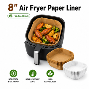 Forros de papel para freidoras de aire al por mayor de 8 pulgadas - Forros de pergamino certificados por FDA LFGB de fábrica de origen para 5.8-8QT, OEM a granel para FBA - Product Image 1