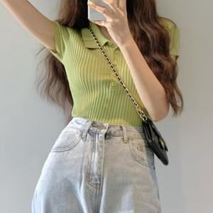 Nouvelle tendance dames haut d'été col rabattu simple boutonnage Anti-rides bouton décoration confortable tricots manches courtes décontracté - Product Image 3