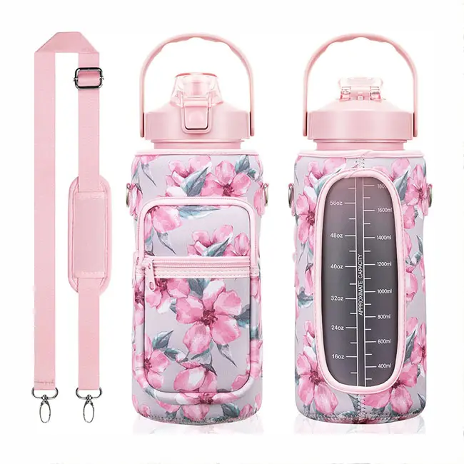 Tomatodo Kawaii ขวดน้ําครึ่งแกลลอน BPA สายคล้องแขนป้องกัน 2L Travel พลาสติก Drinkware สร้างแรงบันดาลใจเครื่องหมายเวลา