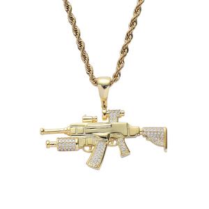 Rapçi takı gerçek altın renk Hip Hop pirinç Bling zirkon uzun Gun şekil kolye kolye ile - Product Image 1