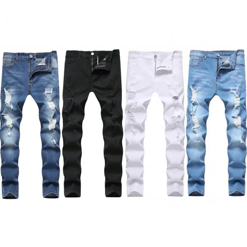 HKNZ celana jins pria Cross-border, celana Jeans elastis elastis kaki ramping santai lubang rusak musim semi musim gugur