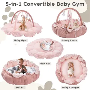 Multifuncional fácil de montar 5 en 1 felpa gruesa juego de bebé gimnasio piso bebé juego actividad despertar estera 6 juguetes colgantes