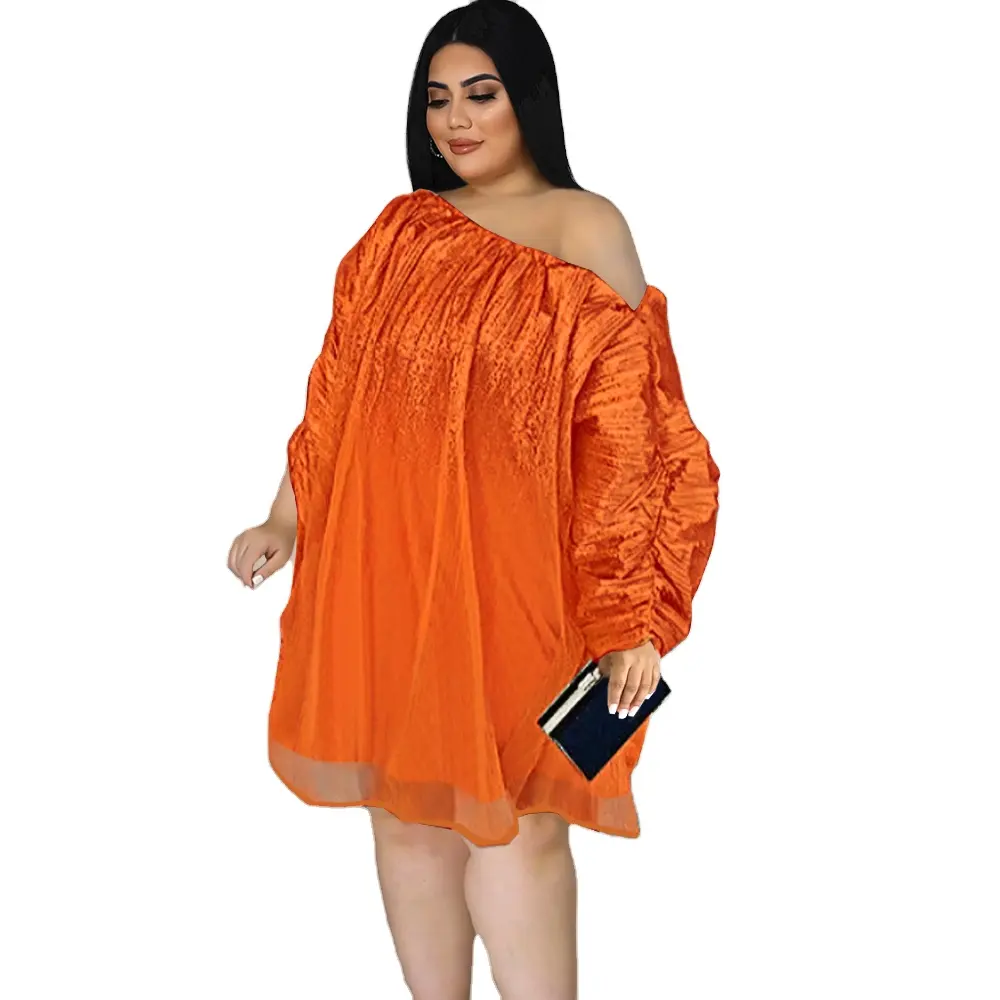 Orange Loose Dresses Women Off Shoulder Pullover See Through Sleeve Ladies Causal Party