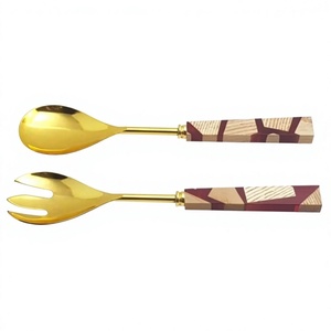 Eco-Friendly Golden Stainless Steel <b>Salad</b> <b>Server</b> with Wood & Resin Handmade Handle Dishwasher Safe Set of 2 for Kitchen Use - Product Image 1
