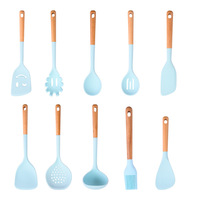 Peralatan Dapur Silikon Gagang Kayu Eropa Anti Lengket Anti Selip Anti Panas Set 10 Buah Biru Set Peralatan Masak Oven dan Dishwasher