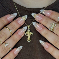Faux ongles en amande à presser, couleur nude avec nœud doré et motif marbré, réutilisables, en acrylique, pour femmes