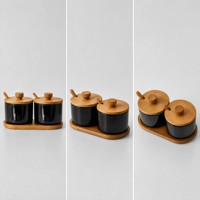 Ensemble de pots à épices en céramique avec couvercle en céramique, cuillère en bois et support, design vintage, accessoires de cuisine imperméables pour la maison
