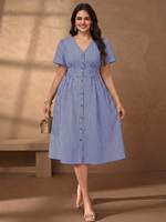Robe midi rayée grande taille, robe trapèze boutonnée à manches courtes et col en V avec poches, tenue décontractée et de bureau