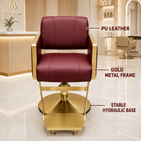 Fauteuil de Barbier Personnalisé OEM/ODM en Cuir Rouge Vin avec Base Ronde en Métal Doré – Mobilier Professionnel pour Salon de Coiffure