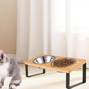 Support surélevé pour gamelles de chat avec deux bols, couleur bois naturel - Product Image 3