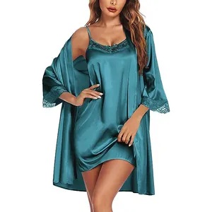 2 Piece Lace Cami Nightwear Women's Satin Sleepwear Nightgown with Robes Set