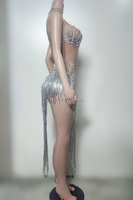 Costume de scène sexy en maille Qiaoli avec franges de perles et diamants, fente haute, pour compétition de danse, podium, boîte de nuit, bar