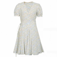 Robe mini classique à col en V et manches bouffantes, 100 % coton, coupe trapèze, motif floral, respirante, mouvements fluides, pour femme de bureau, offre ODM