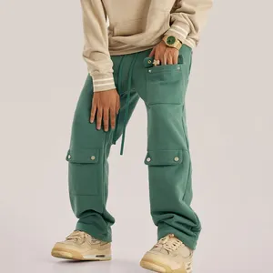 Custom Men Oversized Carpenter Baggy Stacked Overalls Oversized Green Cargo Pants Jogger Sweatpants With Pockets