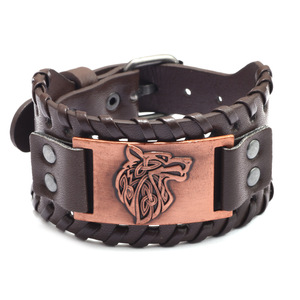 Pulsera Vikinga de Cuero Ancho Estilo Nórdico para Hombre, Diseño Punk Moderno con Cabeza de Lobo Celta y Patrón Geométrico, ¡Oferta! - Product Image 4