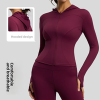 Chaqueta de Yoga con Capucha para Mujer, de Manga Larga, Color Sólido, Ajustada, Elástica, con Cintura Elástica, de Poliéster, Resistente al Viento, para Actividades al Aire Libre