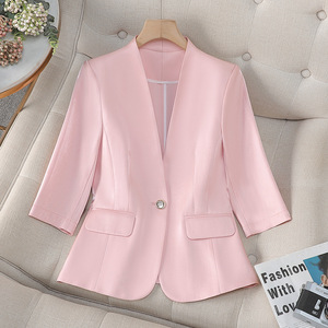 Women's Summer Thin Blazer Champagne Color Three Quarter Sleeve Solid Cotton Breathable Casual Suit Jacket - Product Image 5