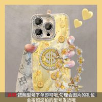Étui rotatif pour bracelet avec motif de pièces de monnaie pour iPhone 17, 16, 15 Pro, protection d'objectif plein cadre, 14, haut de gamme, anti-chute, magnétique, en TPU mat, motif dessin animé