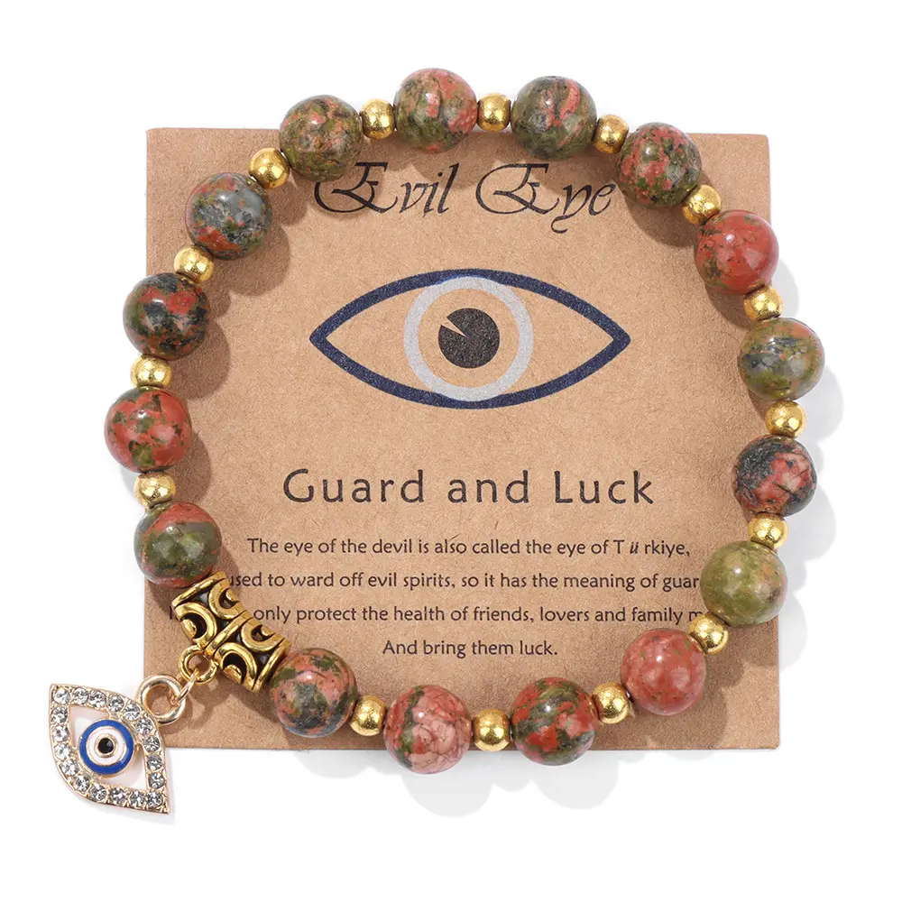 8mm SemiPrecious Gemstone Devil Eye Charm Bracelet Healing Energy Crystal Stone Beaded Stretch Bracelets on wish card