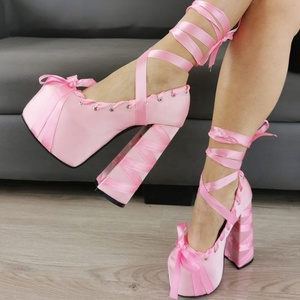 Sandales à plateforme haute en soie pour femme, style mariage, grande taille 47, talons épais, chaussures d'été à lacets cheville, escarpins à bout rond et nœud - Product Image 4