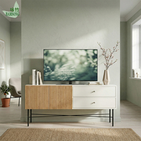 Meuble TV en bambou écologique, couleur blanc cassé, pour salon, console multimédia avec 2 tiroirs, pieds en métal, OEM ODM