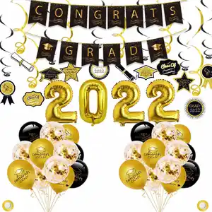 2022 mezuniyet parti malzemeleri toptan siyah ve altın afiş ve folyo lateks konfeti balonları seti folyo numarası balonlar