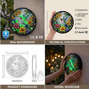 Lampe murale solaire en verre teinté en forme de colibri, lampe murale LED florale ronde pour l'extérieur, décoration de jardin, patio, clôture - Product Image 4