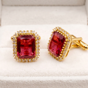 Boutons de manchette personnalisés en gros pour hommes, avec rubis de laboratoire, rectangulaires, pierres précieuses rouges, halo plaqué or, accessoires de chemise - Product Image 1
