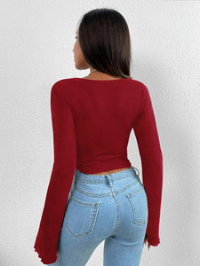 Haute qualité <span class=keywords><strong>col</strong></span> en <span class=keywords><strong>V</strong></span> dames décontracté à manches longues respirant <span class=keywords><strong>T</strong></span>-<span class=keywords><strong>shirt</strong></span> Stock en gros couleur unie femmes haut court caractéristique compressée - Product Image 5