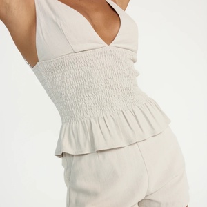 Conjunto de 2 Piezas de Lino para Mujer, Verano, Cuello en V, Tirantes, Top Halter, Shorts Cortos Sexys - Product Image 5