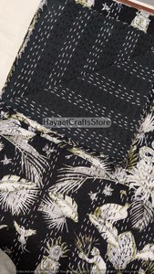 Couvre-lit Kantha vintage en coton 100% écologique, brodé à la main, style bohème, noir et blanc, décoration intérieure, toutes saisons - Product Image 4