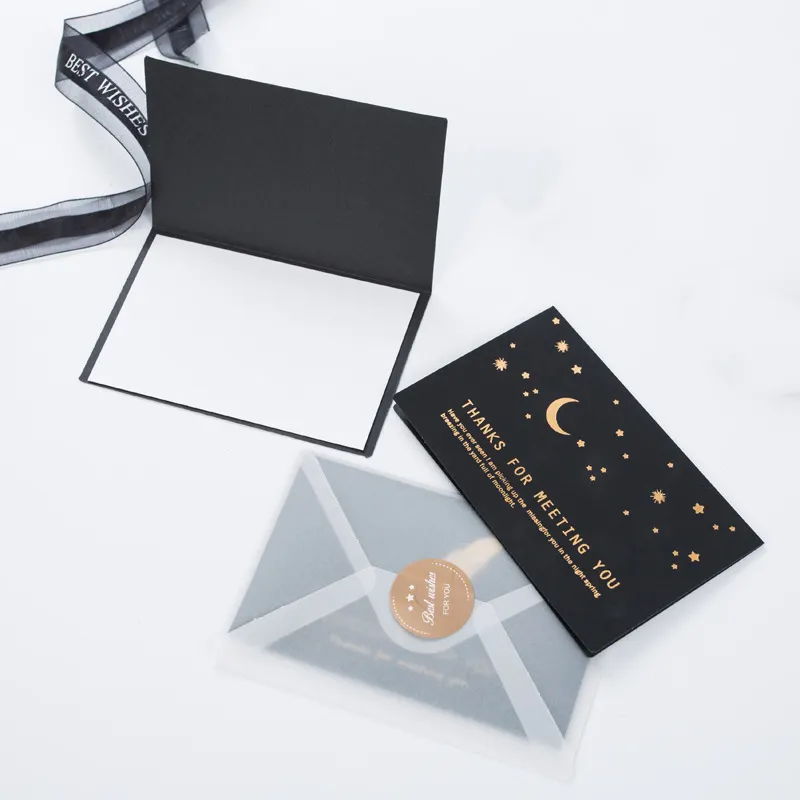 Customized Logo with sticker luxury folding black small business hot Gold Foil Stamping moon embossed Paper thank you card