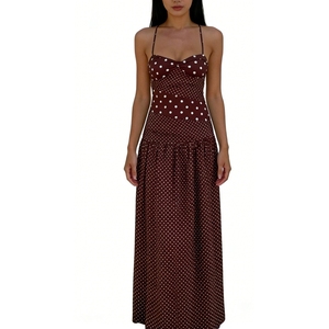 Women's Polka Dot <b>Print</b> Halter Neck Maxi Dress - Sleeveless Ruched Waist Casual Dresses Fashion - Product Image 3